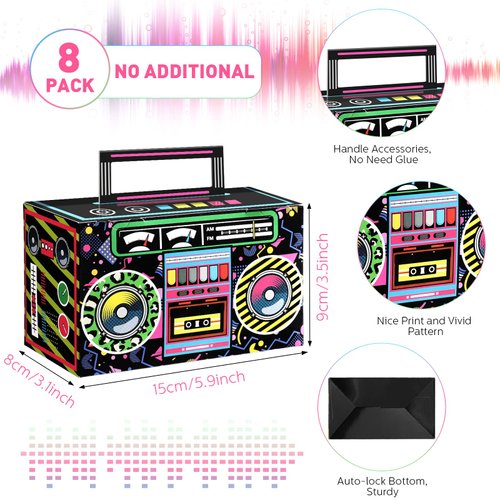 80s Party Favor Boxes, Novelty Boom Box Favors Gift Treat Goodie Candy Paper Boxes 80s Retro Radio Decorations Table Centerpieces for 1980s Theme Hip Hop Music Birthday Party(Multi Colors, 8 Pcs)