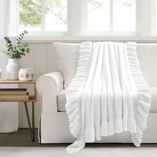 Lush Decor Reyna Soft Knitted Ruffle Throw Blanket, 50" W x 60" L, White - Modern Farmhouse Ruffle Blanket - Cozy Chic Blanket For Bed, Couch, or Chair