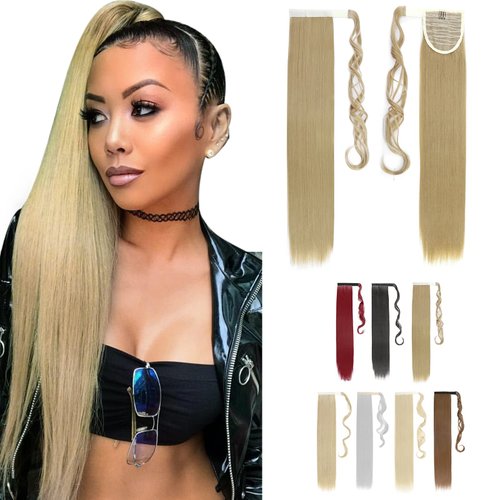 Benehair Wrap Around Ponytail Hair Extensions Clip in Ponytail Hairpiece One Piece Hair Extension for Women 26 Inch Synthetic Straight Ash Blonde