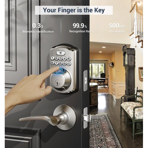 Veise Fingerprint Door Lock, Keyless Entry Door Lock, Electronic Keypad Deadbolt, Biometric Smart Locks for Front Door, Auto Lock, Anti-Peeking Password, Easy Install, Satin Nickel