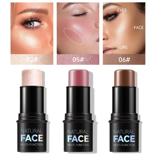MLSMILE 3Pcs Cream Contour Stick Makeup Kit,Create Face Contour,Highlighter Stick,Blush stick for Sculpt the Cheeks,Bronzer Contour Sticks,Waterproof Long-lasting Contour set,Non-greasy（01#,03#,04#）