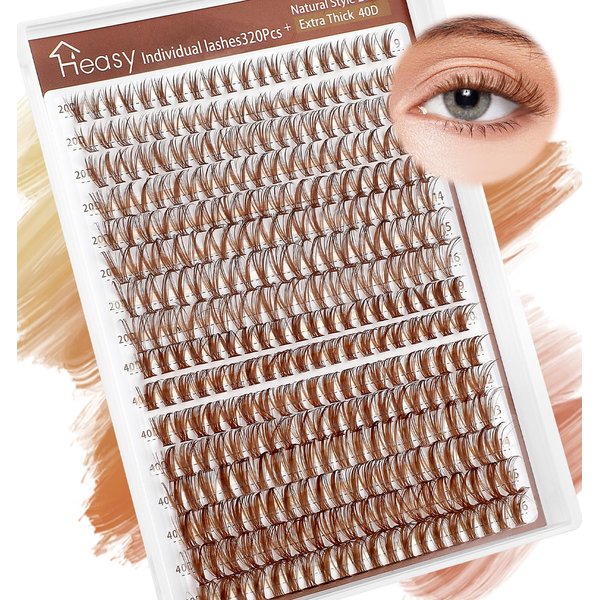 Brown Eyelash Clusters, 320Pcs Brown Lash Clusters 9-16mm Brown Eyelash Extensions Clusters 20D+40D Fluffy Wispy Natural Look Soft Brown False Eyelashes Salon DIY