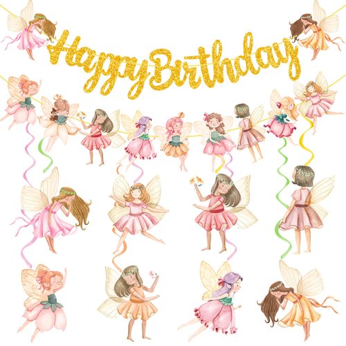 Fairy Birthday Party Decorations 2Pcs Fairy Birthday Banner and 20Pcs Fairy Hanging Swirls Floral Fairy Party Banners Fairies Cutouts Hanging Decoration for My Fairy First Baby Shower Supplies