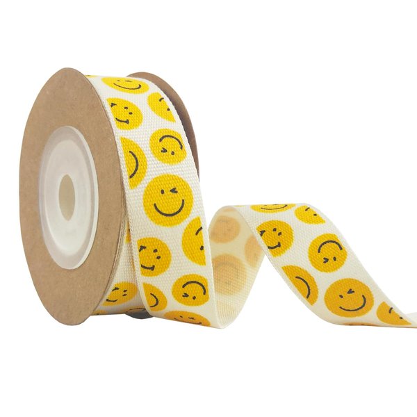 Sewhick 5/8" Smiley Face Ribbon Yellow Smile Craft Satin Ribbon for Gift Wrapping Birthday Party Decoration Baby Shower, Sewing (5 Yards, 1 Roll)