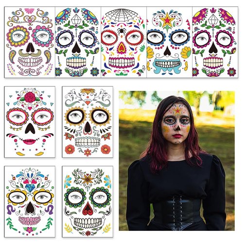 9 Sheets Day of the Dead Face Temporary Tattoos Dia de los Muertos Temporary Tattoo Sticker La Catrina Skull Fake Tattoo for Women Girls Mexican Fiesta Día de los Muertos Party Makeup Costume Supplies