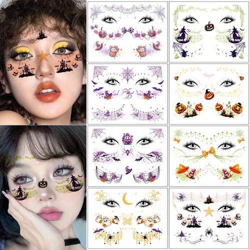 Halloween Face Makeup Temporary Tattoo Stickers 8 Sheets Cartoon Face Makeup Temporary Tattoos for Kids Party Stage Performance