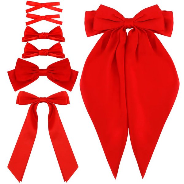 Ahoney 7 Pack Red Bows for Hair Bows Silky Satin Hair Bow Hair Clips Long Tail Multi Style French Hair Ribbon Coquette Bows Hair Barrettes for Women Girls