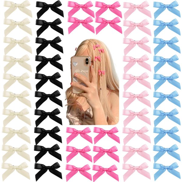 50Pcs Mini Hair Bows Clips for Women Girls Black Blue Hair Ribbon Clips Small Bowknot Barrettes White Pink Satin Bow Hair Clips Cute Hair Clips Metal Y2k Hair Accessories for Braids Teens Toddlers