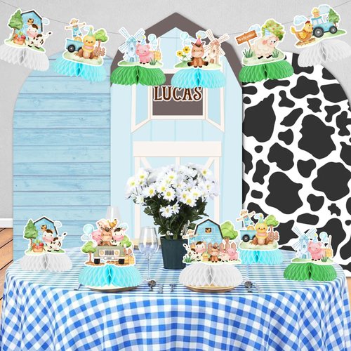8 Pieces Blue Farm Animal Honeycomb Centerpieces Table Toppers, Farm Themed Party Decorations, 3D Barn Animal Cutouts for Boys Baby Shower Birthday Party Supplies