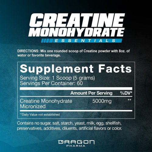 DRAGON PHARMA Creatine Monohydrate, Aid Muscle Recovery, Post-Workout Supplement, Antioxidant Support (60 Servings, Unflavored)