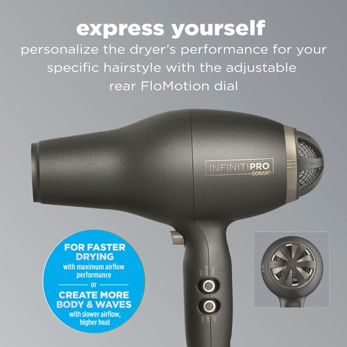 INFINITIPRO BY CONAIR FloMotion Pro Hair Dryer | Personalize Your Drying Experience with Adjustable Airflow | Includes Diffuser and Concentrator
