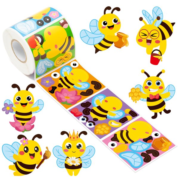 Haooryx 300pcs Make A Bee Face Scene Sticker Roll Make Your Own Cartoon Bee Happy Face Sticker Decals Cute Mix and Match Animals Art Craft Sticker for Kid’s Birthday Party Supplies Giftwrap Decor