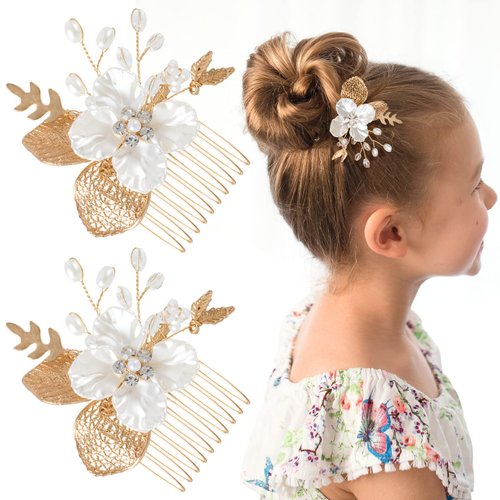 HINZIC 2pcs Flower Bride Wedding Hair Comb, Pearl Bridal Hair Accessories Crystal Rhinestones Hair Piece Jewelry Leaf Gold Headpiece Handmade Wedding Hair Accessories for Women Girls