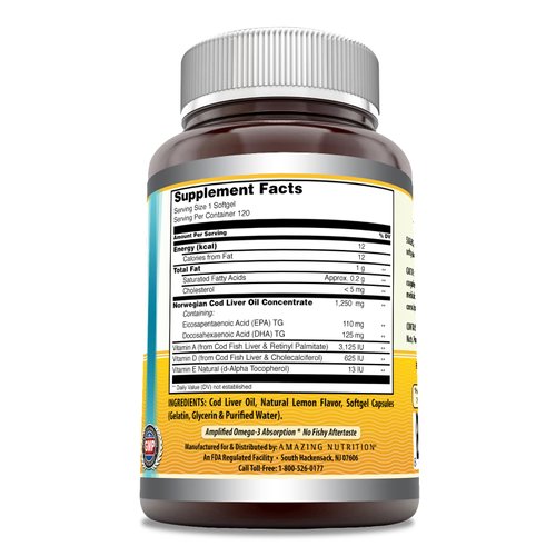Amazing Omega Norwegian Cod Liver Oil 1250 Mg Softgels Supplement | Omega-3, EPA, DHA, Vitamin A, Vitamin D & Vitamin E (Lemon | 120 Count)
