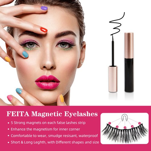 Magnetic Lashes with Applicator & Magnetic Eyeliner Kit - FEITA Reusable 3D 5D Magnetic Eyelashes Pack with 1 Tweezers & Upgraded 4 Tubes Magnetic Eyeliner, No Glue (15 Packs)