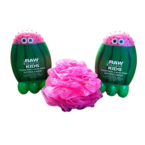 RAW SUGAR Kids Bubble Bath and Body Wash Bundle: 2 Watermelon Lemonade (12 oz. ea.) + Pink Loofah