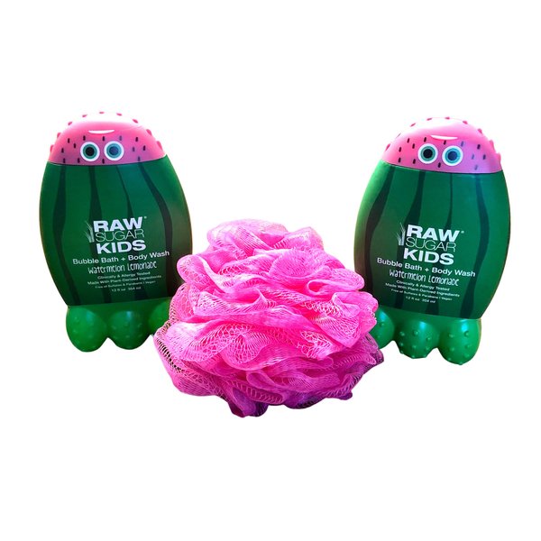 RAW SUGAR Kids Bubble Bath and Body Wash Bundle: 2 Watermelon Lemonade (12 oz. ea.) + Pink Loofah
