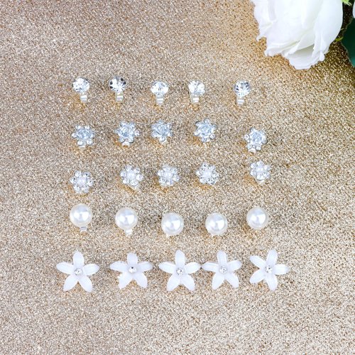 Chanaco 25Pcs Mini Flower Hair Clips Cute Tiny Hair Jewelry Pearl Hair Accessories for Women Non Slip Rhinestone Decorative Hair Clips for Wedding Bridal Small White Hair Barrettes for Girls Gifts