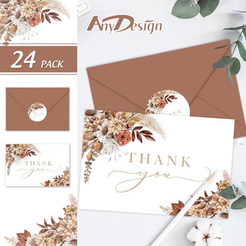 AnyDesign Boho Floral Thank You Cards Bulk 24 Pack Flowers Note Cards with Envelopes Stickers Boho Style Blank Cards for Bridal Shower Baby Shower Wedding Supplies, 4 x 6 Inch