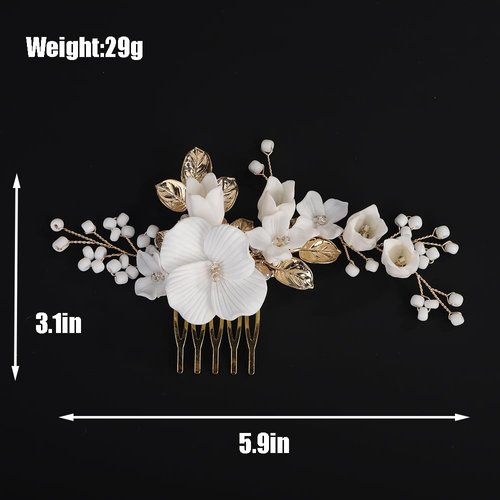 Rumtock Silver Leaf White Flower Hair Comb Women Banquet Wedding Hair Accessories Beads Handmade Jewelry (Gold)