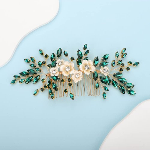 Teyglen Rhinestone Flower Bride Wedding Hair Comb Headband Red Green Black Crystal Hair Pieces Headpieces Handmade Hair Accessories Bridal Side Hair Combs for Women Bride Girls (Gold-Malachite Green)