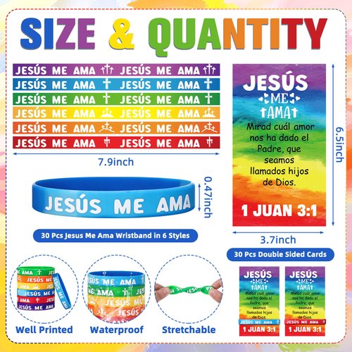 Humyoun 30 Sets/ 60 Pcs Jesus Me Ama Spanish Jesus Loves Me Silicone Wristbands with Bible Verse Cards, Valentine's Day Christian Religious Party Favors Gift VBS for Bible School Church Group