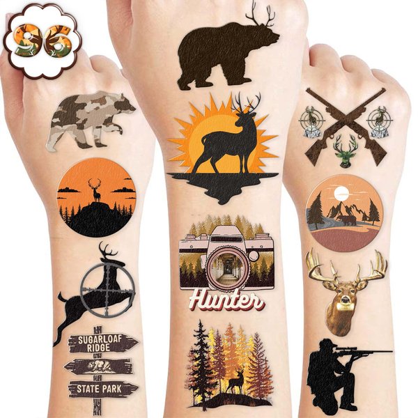 8 Sheets (96PCS) Hunting Tattoos Birthday Party Decorations Supplies Tattoos Stickers Cute Party Favors for Kids Boys Girls Gifts Classroom School Theme Prizes Rewards