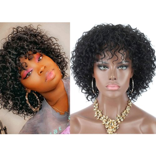 Kalyss 14&quot; Synthetic Short Deep Curly Wigs for Black Women Realistic Curly Wigs with Hair Bangs L...