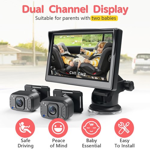 Itomoro Baby Car Camera, Dual Channel 5 inch Display with 2 IR Night Vision Camera, Easily Install Baby Car Mirror 1080P Clear Car Baby Camera for Rear Facing Seat Backseat ACZ403