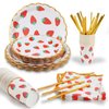 120 Piece Disposable Dinnerware Set, Strawberry Party Supplies with 20 Dinner Plates, 20 Dessert Plates, 20 Cups, 20 Straws & 40 Napkins for Party, Picnic, Wedding Baby Shower - 20 Guests (Strawberry)