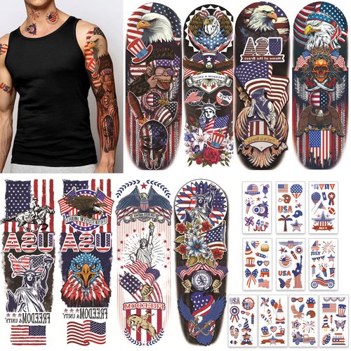 HOWAF 88pcs 4th of July Temporary Tattoos Set, Independence Day Full Arm Face Tattoos USA Flag Fa...
