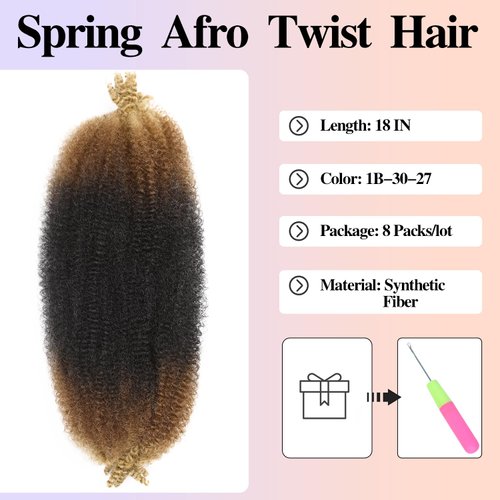 WIGER Marley Twist Braiding Hair Three-tone 1B/30/27 Afro Kinky Curly Crochet Hair Bundle 18 Inch 8 Packs Ombre Brown to Blonde Crochet Hair Weave for Braids Synthetic Pre-Separated Spring Afro Twist Hair Extensions for Faux Locs (1B/30/27)