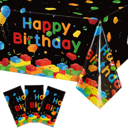 Tiamon 3 Pcs Blocks Tablecloth Plastic Happy Birthday Blocks Table Cover Disposable Colorful Bricks Table Cloth for Boys Girls School Home Blocks Theme Parties Decor Supplies,108 x 54 Inch(Black)