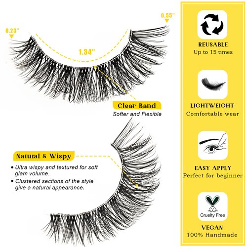 QUNETY Wispy Lashes Natural Eyelashes with Clear Band 3D Curl Strip Lashes Pack 10 Pairs Fake Eyelash Reusable Eye Lash Sets False Lashes Natural Look Short Lash Strips