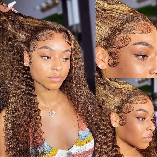 Highlight Lace Front Wig Human Hair 13x4 Water Wave Ombre Honey Blonde HD Transparent Lace Front Wigs for Women 180 Density 4/27 Glueless Wigs Human Hair Pre Plucked with Baby Hair 20 Inch