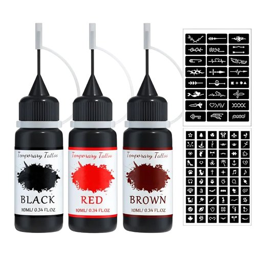 IONSGAKO Temporary Tattoo Ink Kit for Women Men Body Paint DIY Fake Tattoos Long Lasting Waterproof Professional Tattoo Stencils Temporary Tattoo Ink Set(Black/Red/Brown/Sticker Template*2)