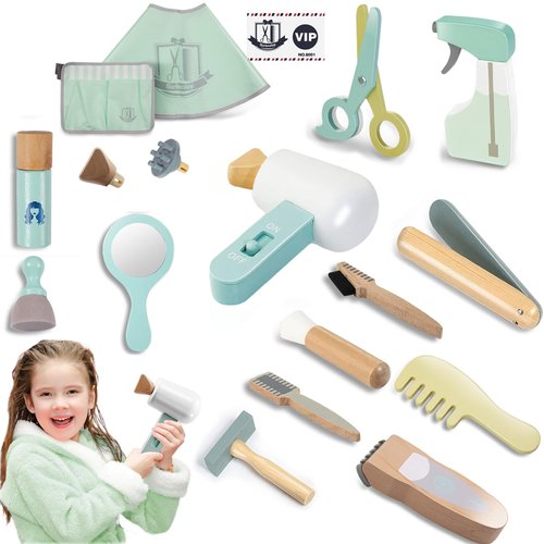 Hair Salon Playset for Kids, [2024] Pretend Play Hair Salon Wooden Toys with Hair Dryer, 2-in-1 P...
