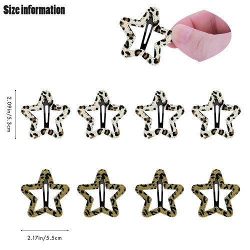 Snap Clips Leather Hair Clips Snap Hair Barrettes Non Slip Star Hair Accessories Leopard Colors Metal Snap Hair Clips for Girls Women -8P-Star