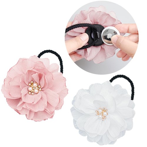 XEEWEN 2 Pack Airtag Hair Ties Holder for Kids, Cute Flower Hidden Hair Elastic Band GPS Tracker Case for Apple Airtag (Pink White, Thick Hair)