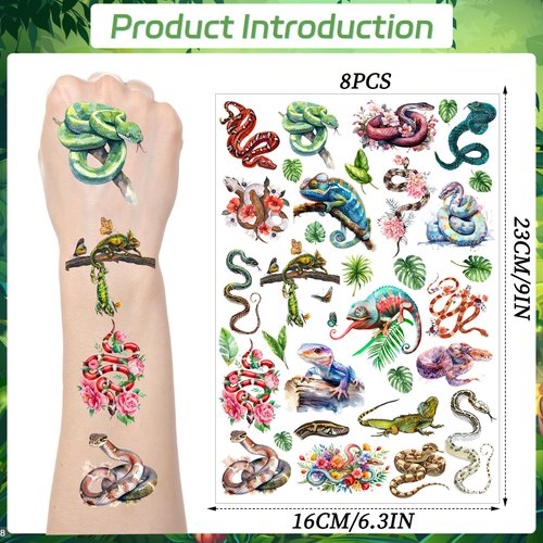 Yoyuspy Reptile Temporary Tattoos Stickers - 200+ Snake Tattoo Temporary Realistic Reptile Party Decorations Animals Lizard Snake Fake Tattoos Gifts Reptile Birthday Party Favors Supplies Prizes