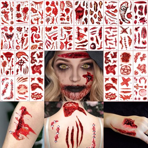 Halloween Tattoo Stickers Wound Simulation Horror Knife Simulation Scar Tattoos for Adults 30 Sheets Waterproof Tattoo Sticker for Halloween Party Favors