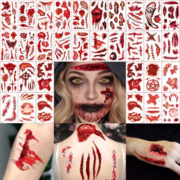 Halloween Tattoo Stickers Wound Simulation Horror Knife Simulation Scar Tattoos for Adults 30 Sheets Waterproof Tattoo Sticker for Halloween Party Favors