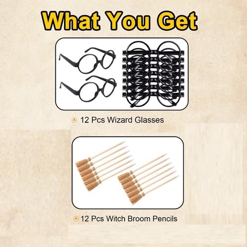 Party Supplies Kit - Black Glasses with Round Frame No Lenses,Broom Pencil for School Theme Birthday ,Halloween,Cosplay Costume Party Decor,12pcs each