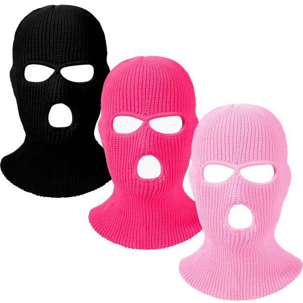 3 Pieces 3 Hole Ski Mask Balaclava Ski Mask Winter Knitted Neck Mask Face Cover for Men Outdoor Sports (Black, Pink, Rose Red)