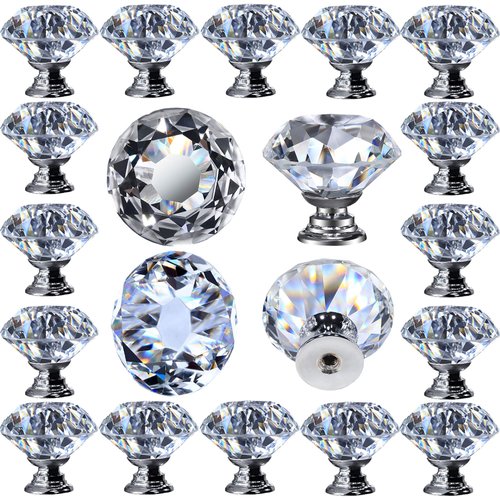 DeElf 12 PCS Clear Crystal Glass Drawer Cabinet Pulls Knobs Diamond Shape Decorative for Kitchen, Dresser, 30mm (1-1/4“), Silver Color Base