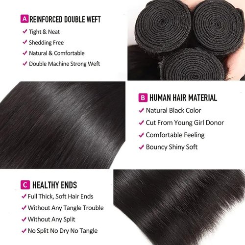 Human Hair Bundles Straight 3 Bundles 22 24 26 Inch 10A Straight Human Hair Bundles 100% Unprocessed Virgin Hair Weave Bundles Human Hair Extensions Natural Black Color