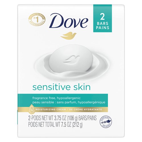 Dove Beauty Bar More Moisturizing Than Bar Soap for Softer Skin, Fragrance Free, Hypoallergenic Sensitive Skin With Gentle Cleanser 3.75 oz 2 Bars