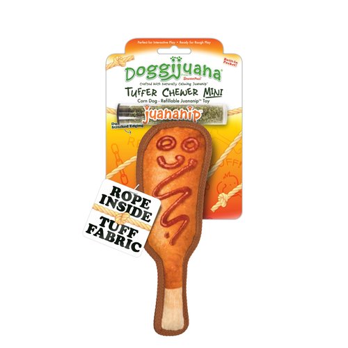 Doggijuana | Tuffer Chewer Mini - Interactive Dog Toy with Juananip Refill | Refillable Durable Dog Toy for Engaging Play and Natural Calming (Corn Dog)