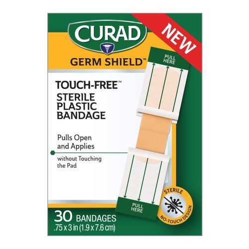 Curad Germ Shield Touch-Free Adhesive Bandage, Plastic Bandage with Easy Application Wrapper.75" x 3", 30 Count