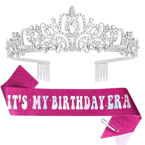 Birthday Sash and Crown for Women Girls, Happy Birthday Tiara & Sash Set, Rhinestone Birthday Headband, Birthday Decorations for Girls, Birthday Gifts for Women, Happy Birthday Accessories